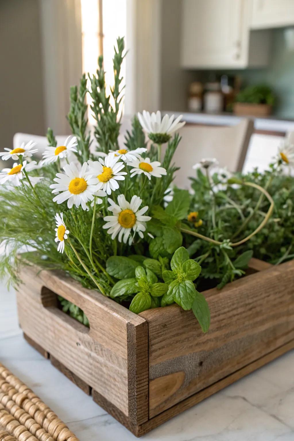 Herbs and blooms create a fresh, garden-inspired centerpiece.