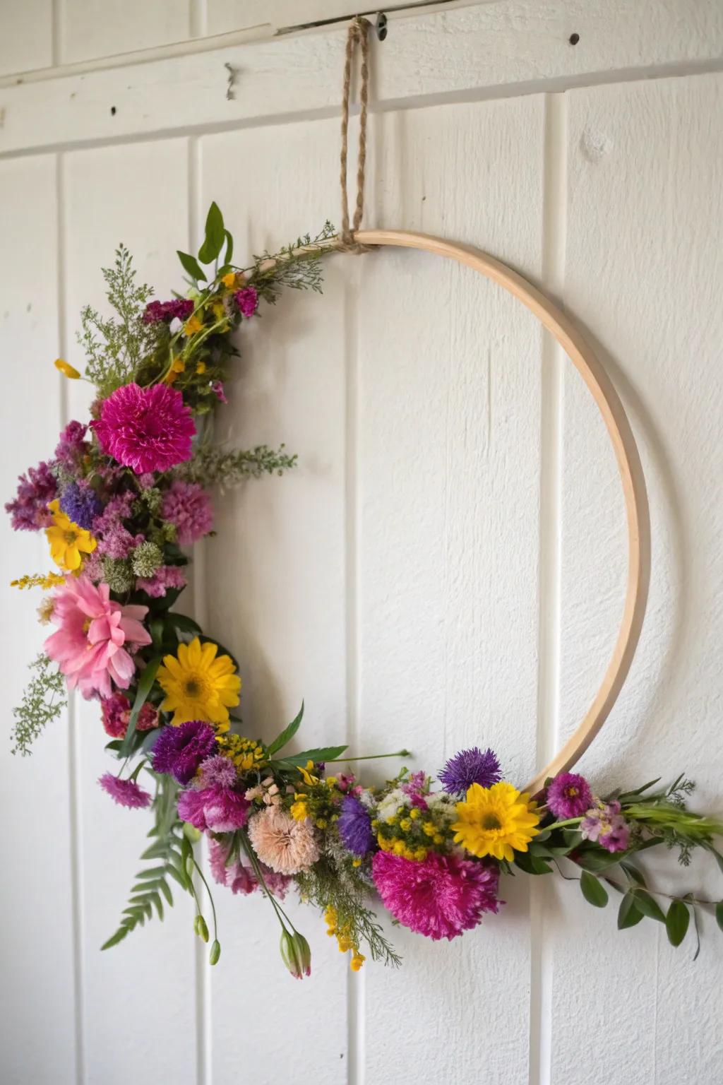 A hanging floral hoop adds elegance and charm.