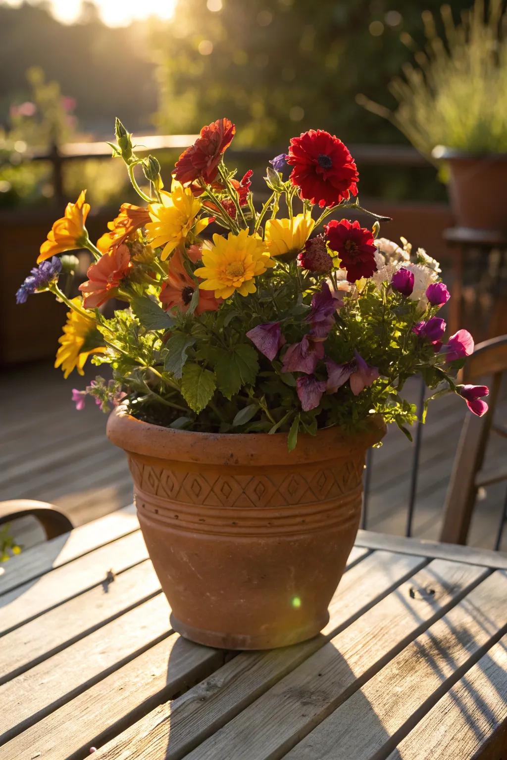 Terracotta pots with mixed blooms create a relaxed and inviting atmosphere.