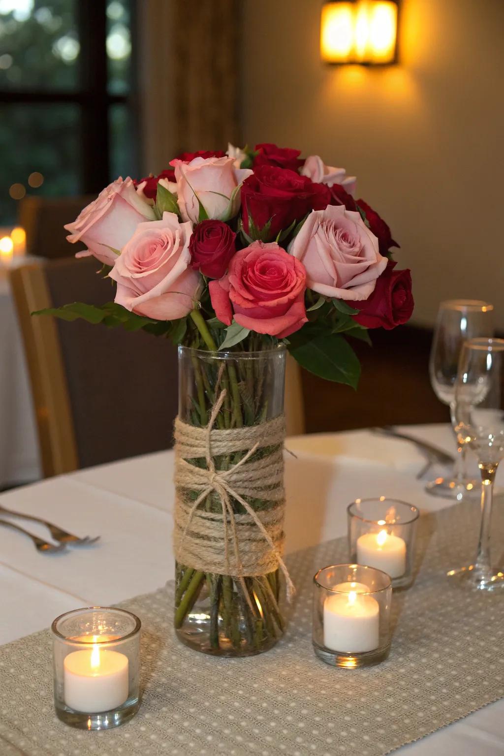 Twine-wrapped vases with roses create a romantic setting.