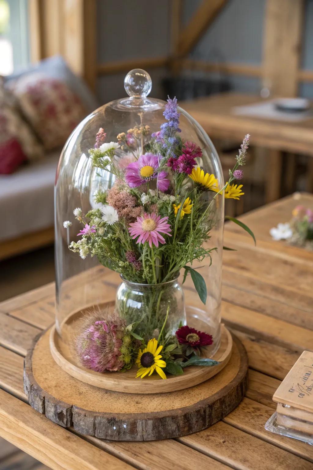 Wildflower bouquets under glass domes add a whimsical touch.