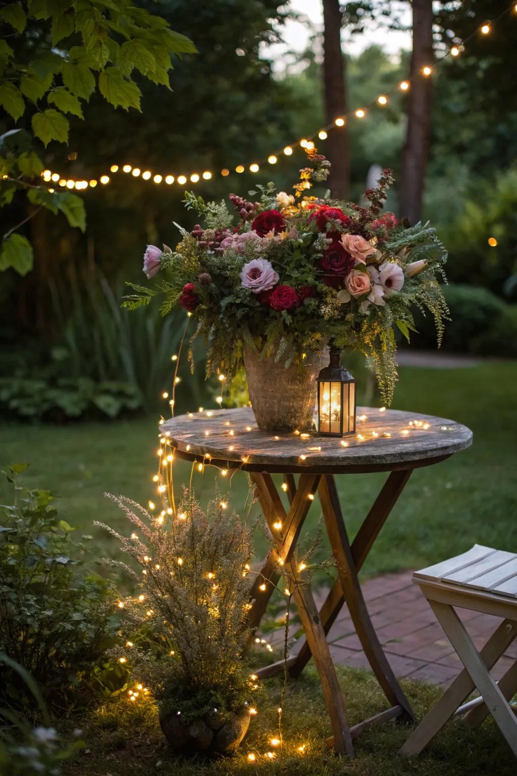 Fairy lights intertwined with florals create a magical evening ambiance.
