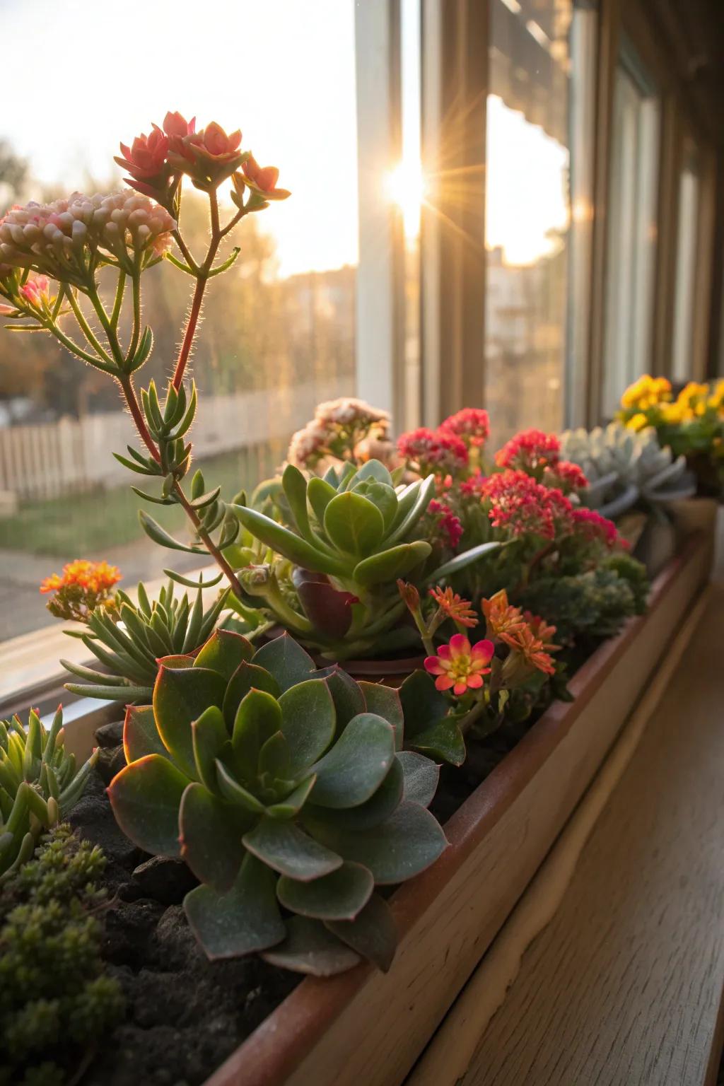 Succulents and blooms combine for a unique and striking arrangement.