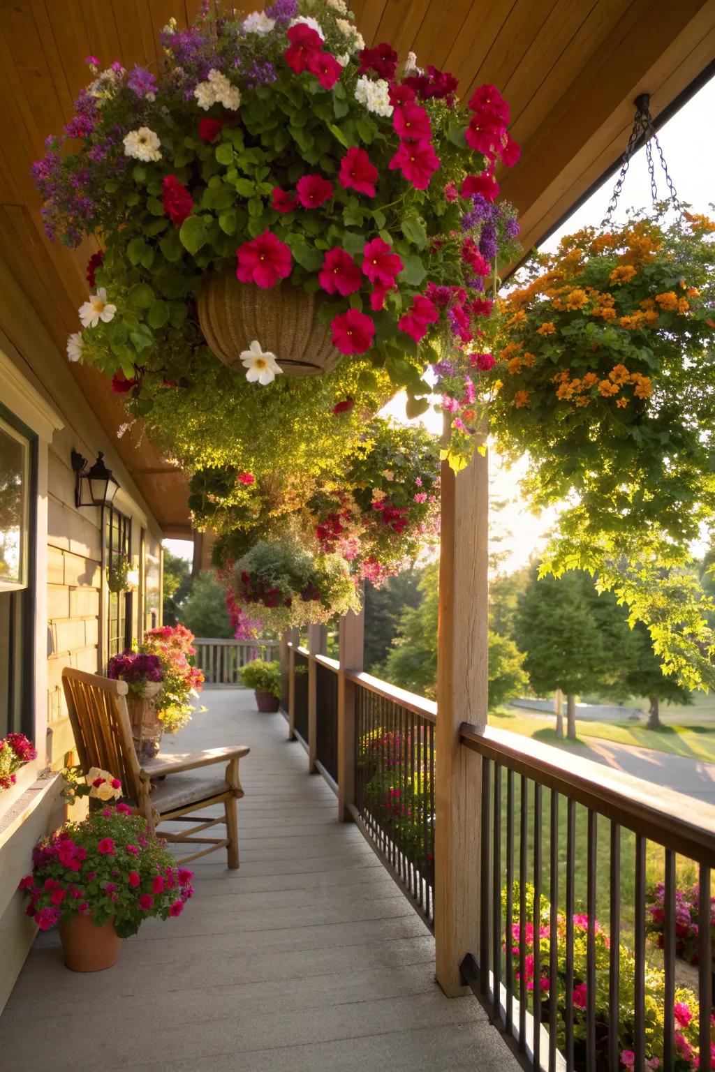 Cascading flowers in baskets add vertical interest to any porch.