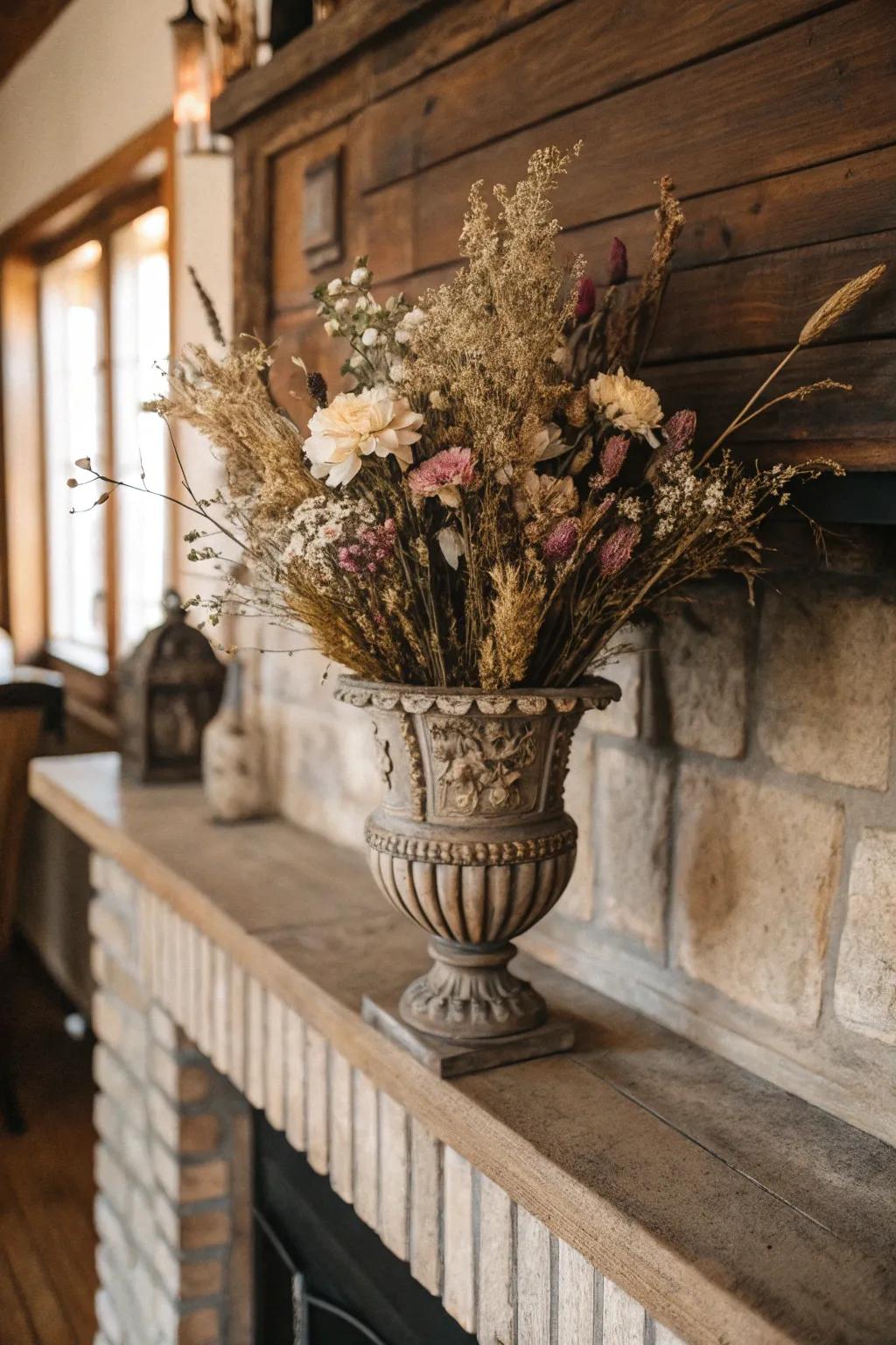 Dried flowers in a vintage vase add rustic elegance to any space.