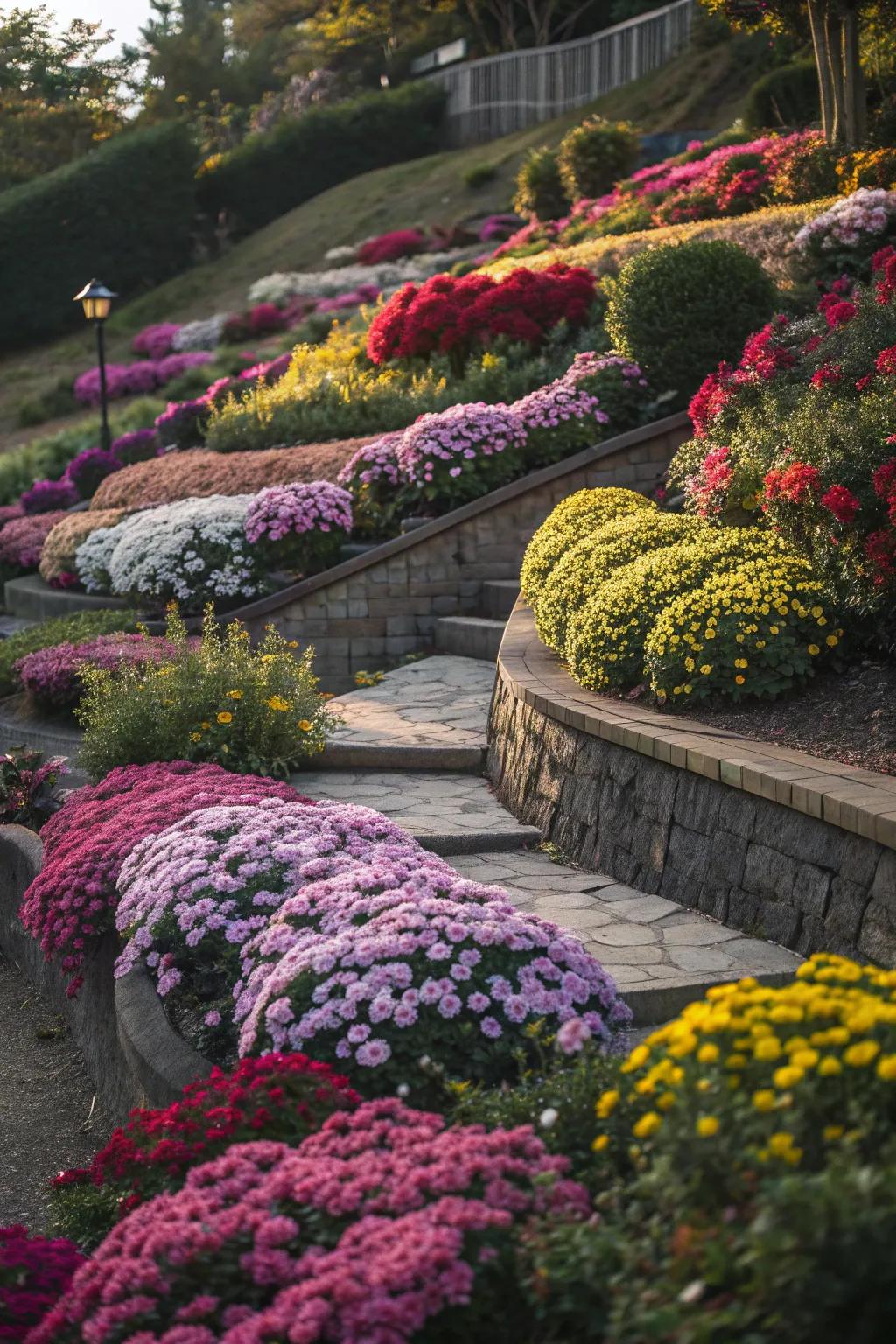 Layered flower beds add depth and visual interest to gardens.