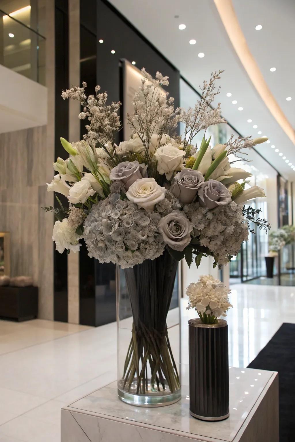 Monochromatic arrangements provide a sleek and sophisticated look.