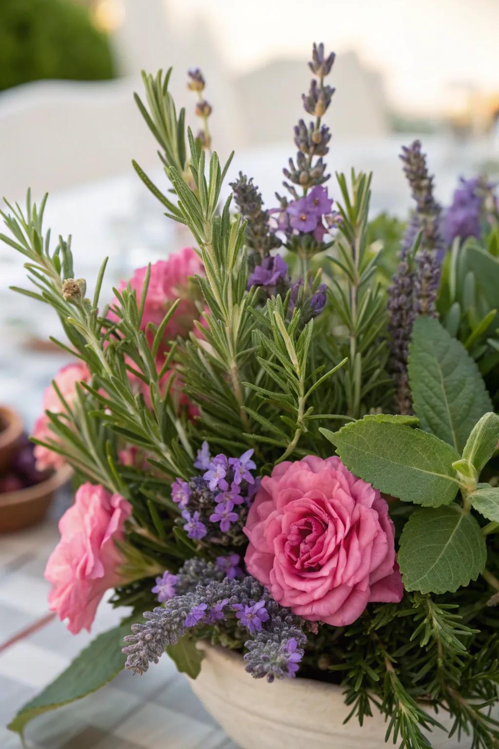 Herbs and florals fusion offers a fragrant and textured arrangement.