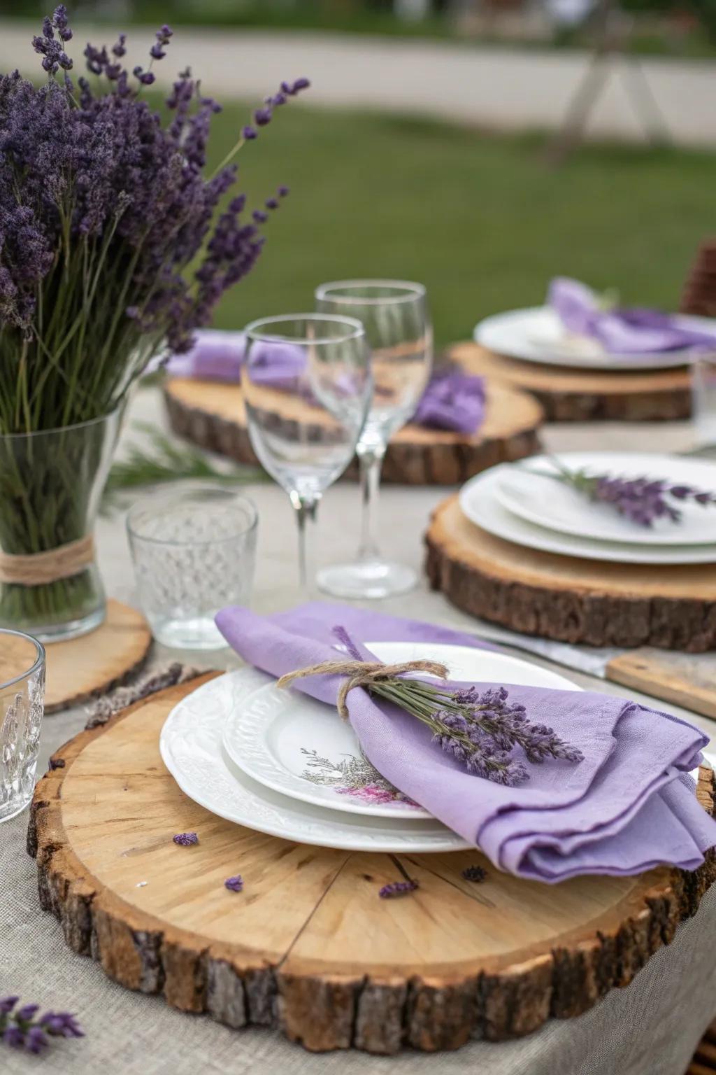 Wooden accents paired with lavender create a rustic yet refined table setting.