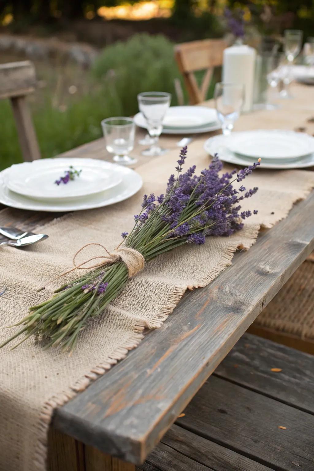Burlap and lavender: a rustic duo that adds charm to your table.
