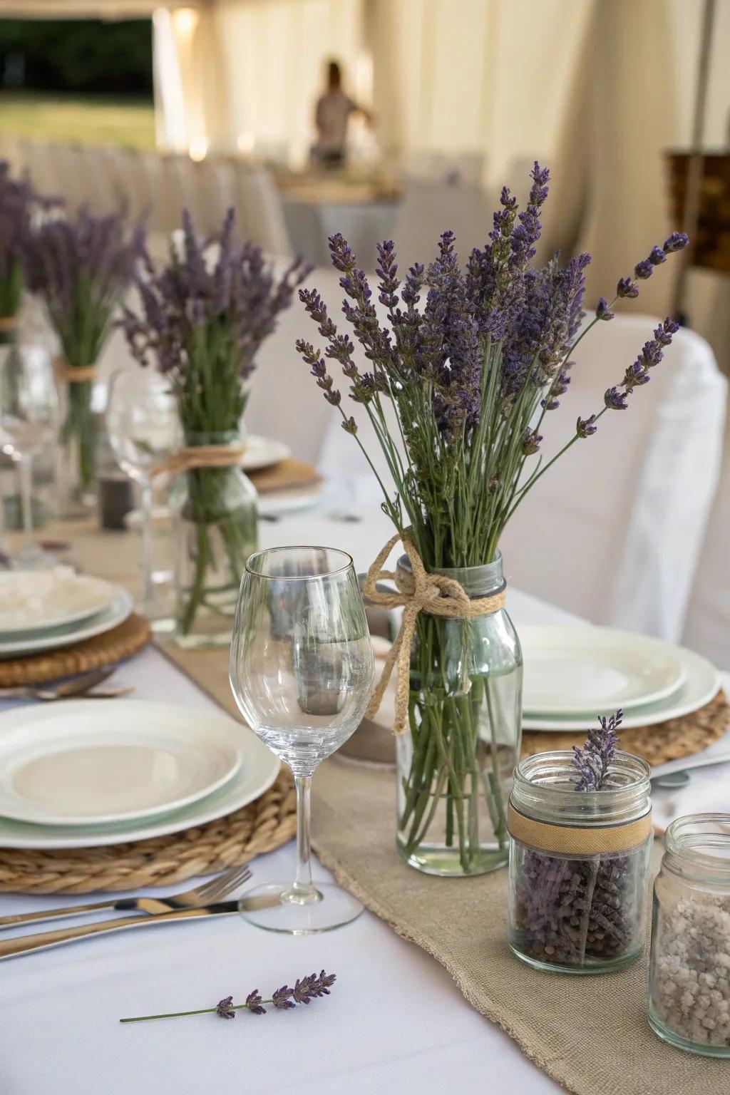Glass jar centerpieces filled with lavender add an elegant simplicity.