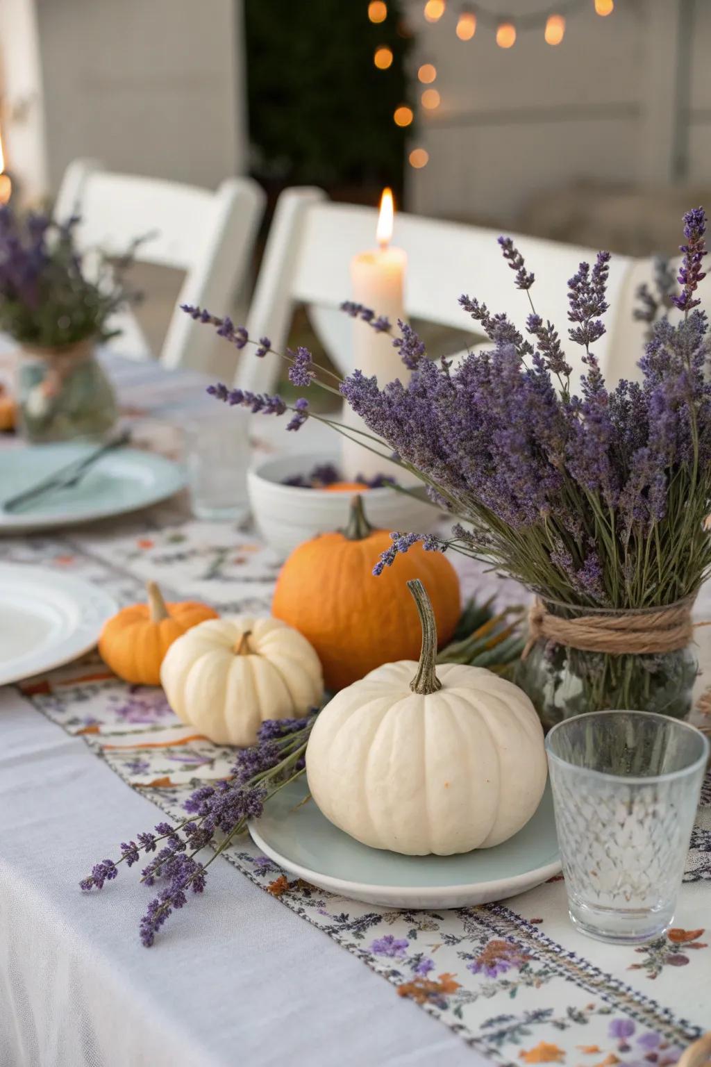 Seasonal touches like pumpkins give your lavender table a special twist.