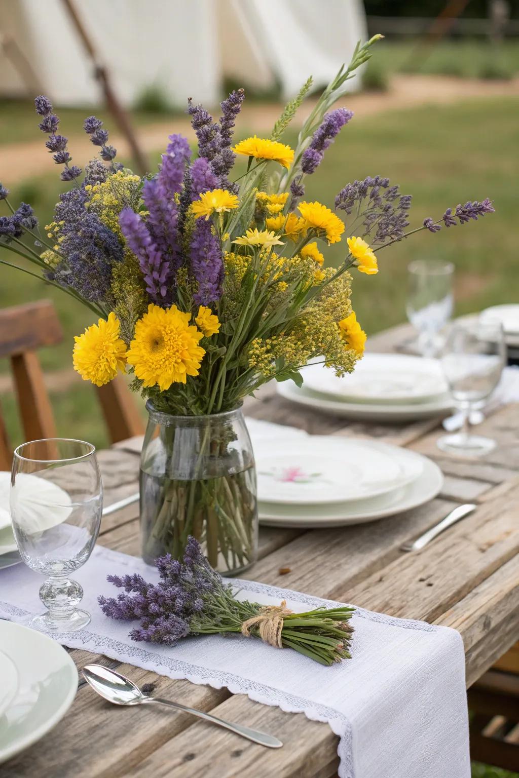 Contrasting colors with lavender create a vibrant and engaging table.