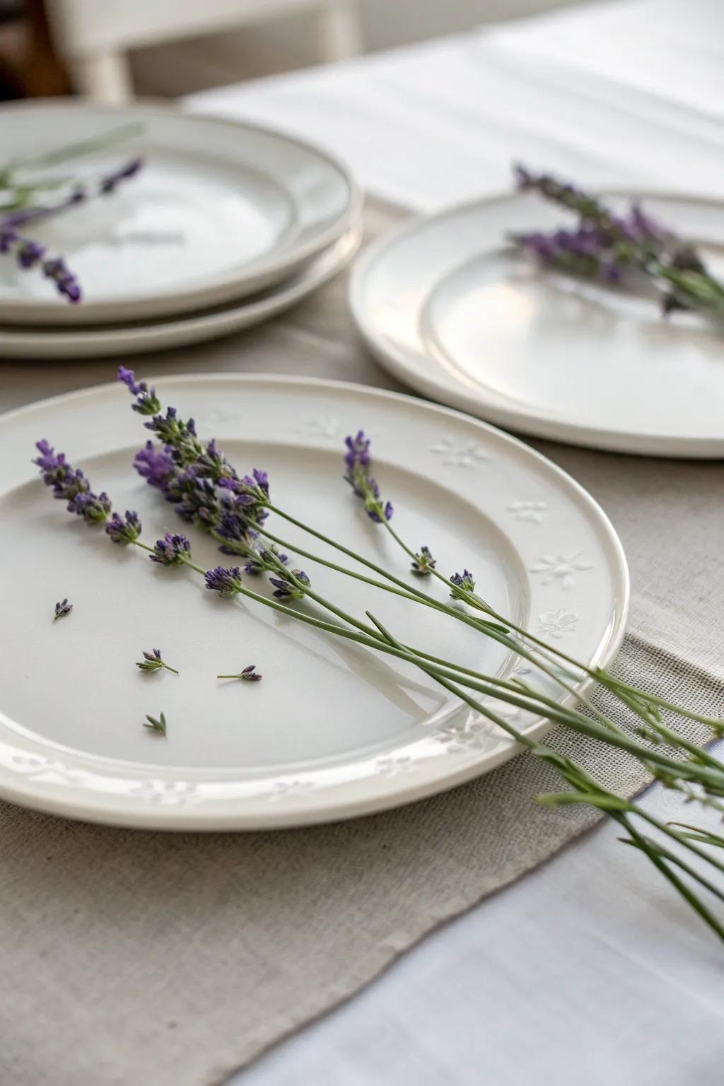 Single sprigs of lavender provide a minimalist and elegant touch.