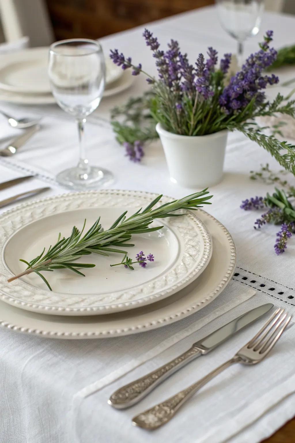 Herbs like rosemary mixed with lavender create an aromatic tablescape.