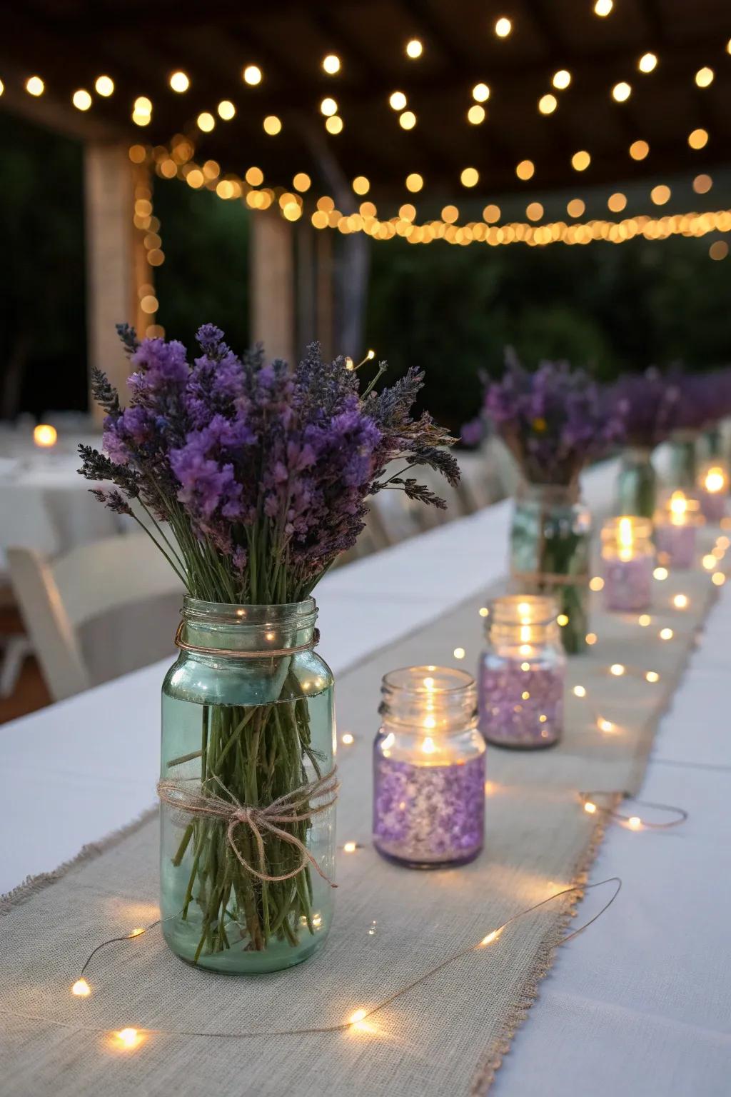 Mason jars with lavender and lights create a magical evening glow.