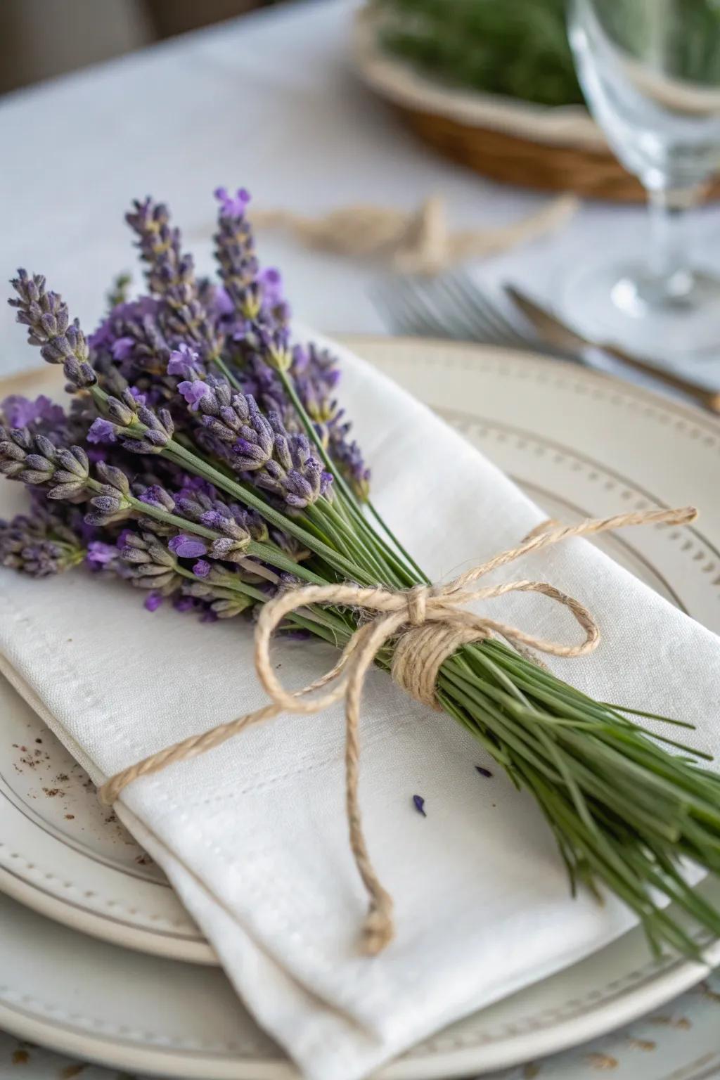 Twine-tied lavender bundles add a personal, rustic touch.