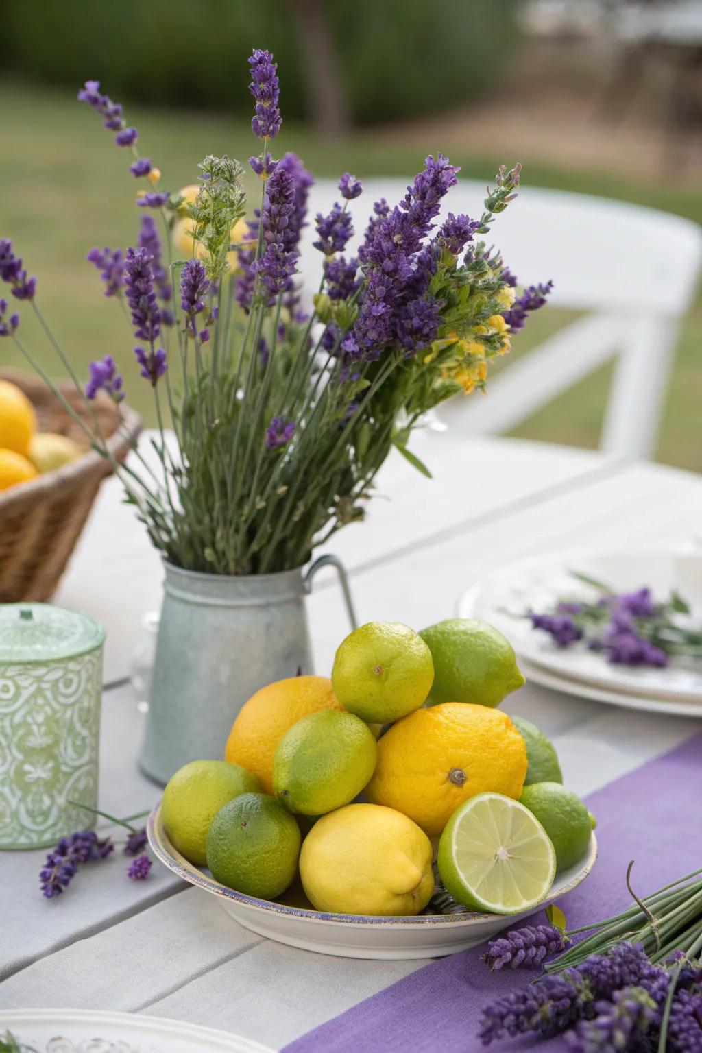 Lavender paired with citrus fruits offers a refreshing and lively table setting.