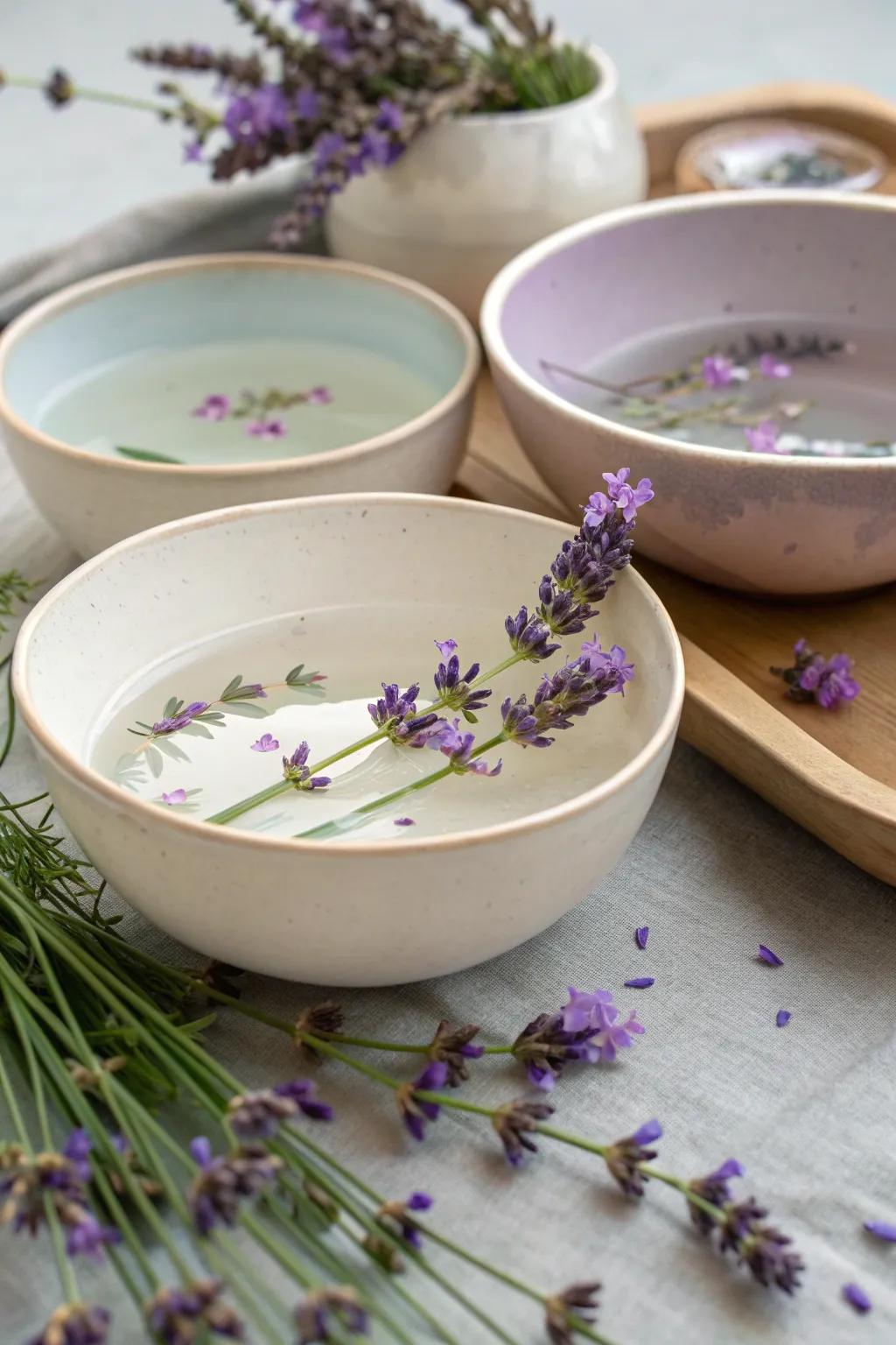 Floating lavender in water bowls adds tranquility and elegance.