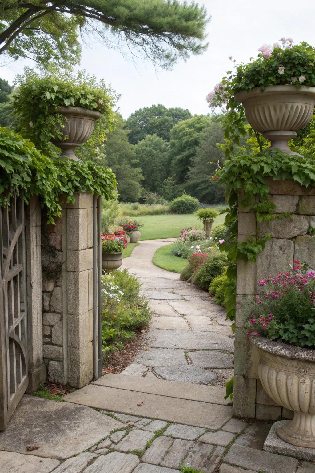 Greenery softens and complements the stone entryway.