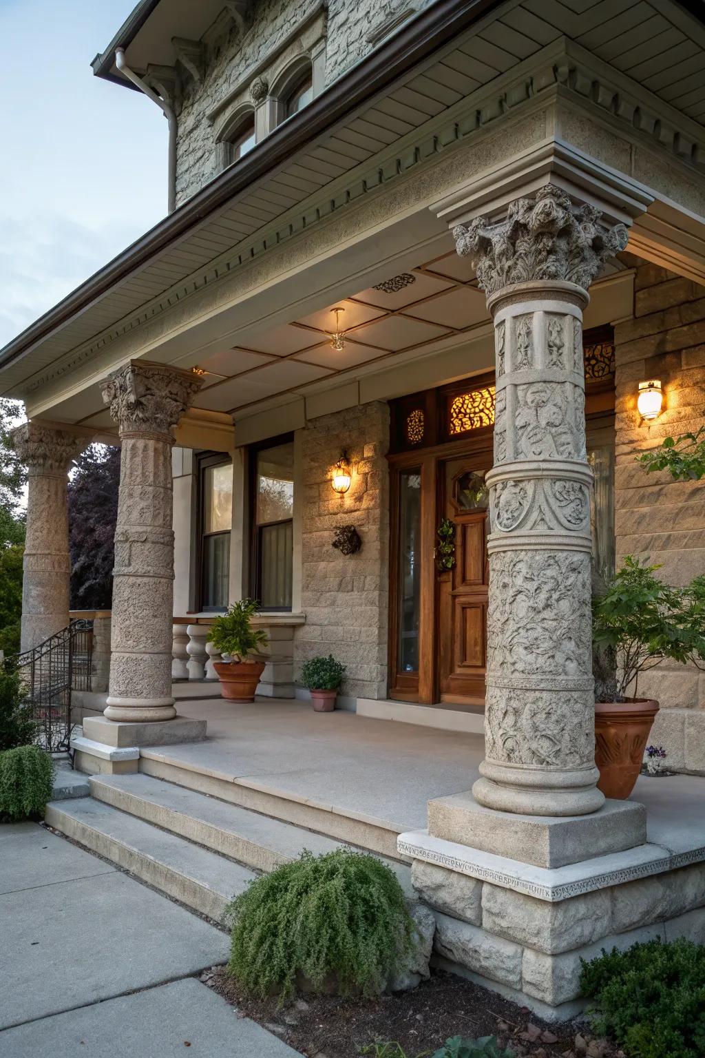 Stone columns adding grandeur to a porch entryway.