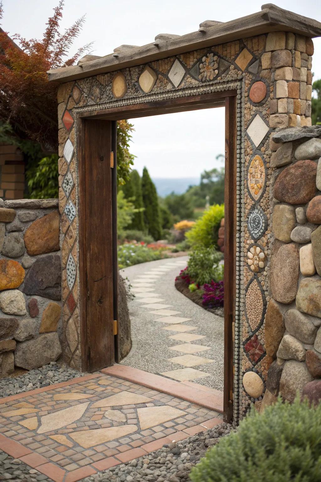 A stone entryway bursting with textures and colors.