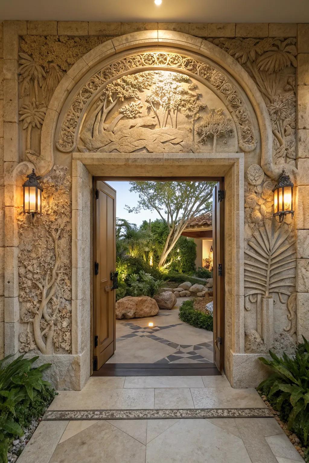 A stone mural adds an artistic touch to the entryway.