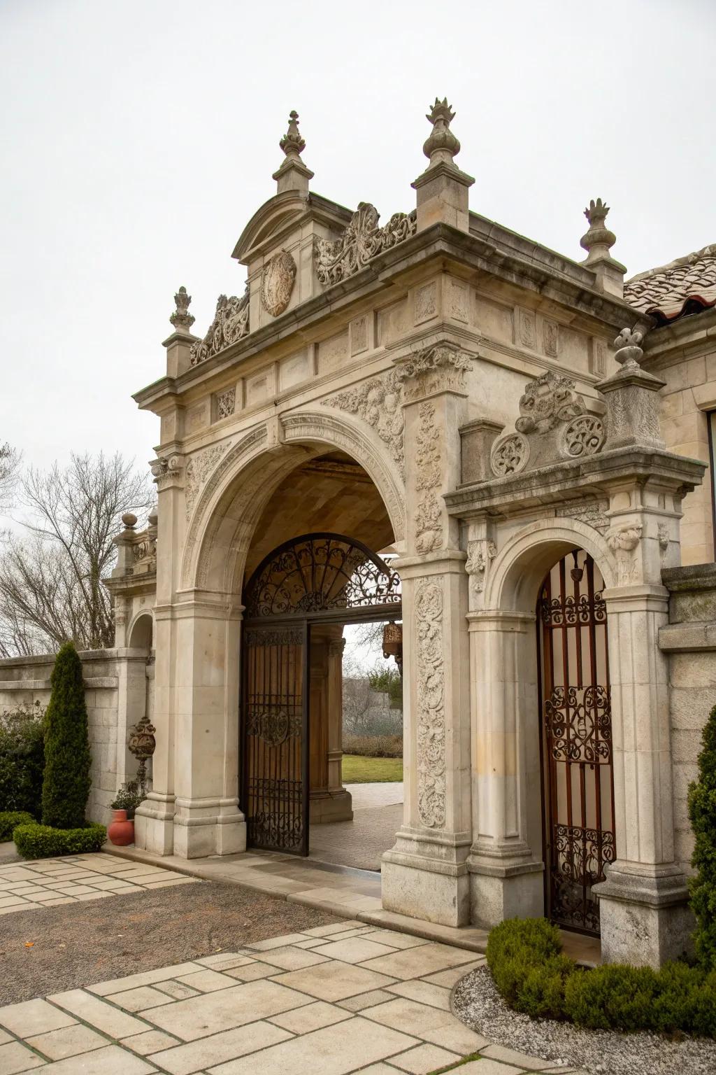 Traditional elegance with timeless stone entryway design.