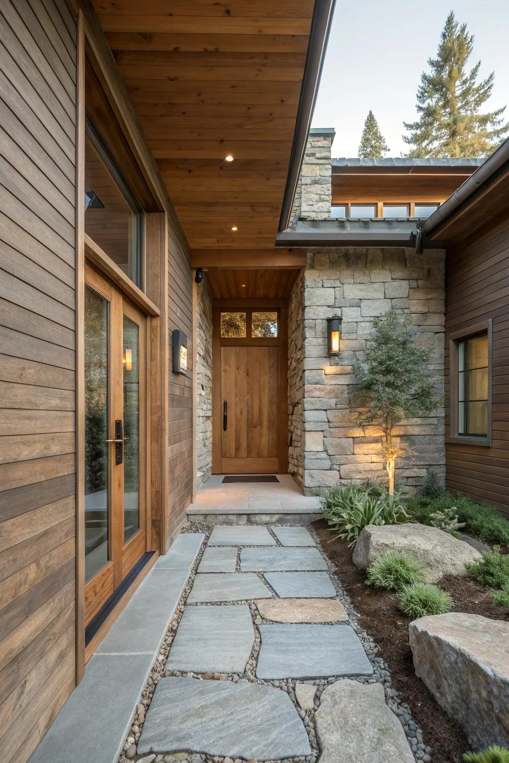 Wood and stone blend seamlessly for a modern entryway.
