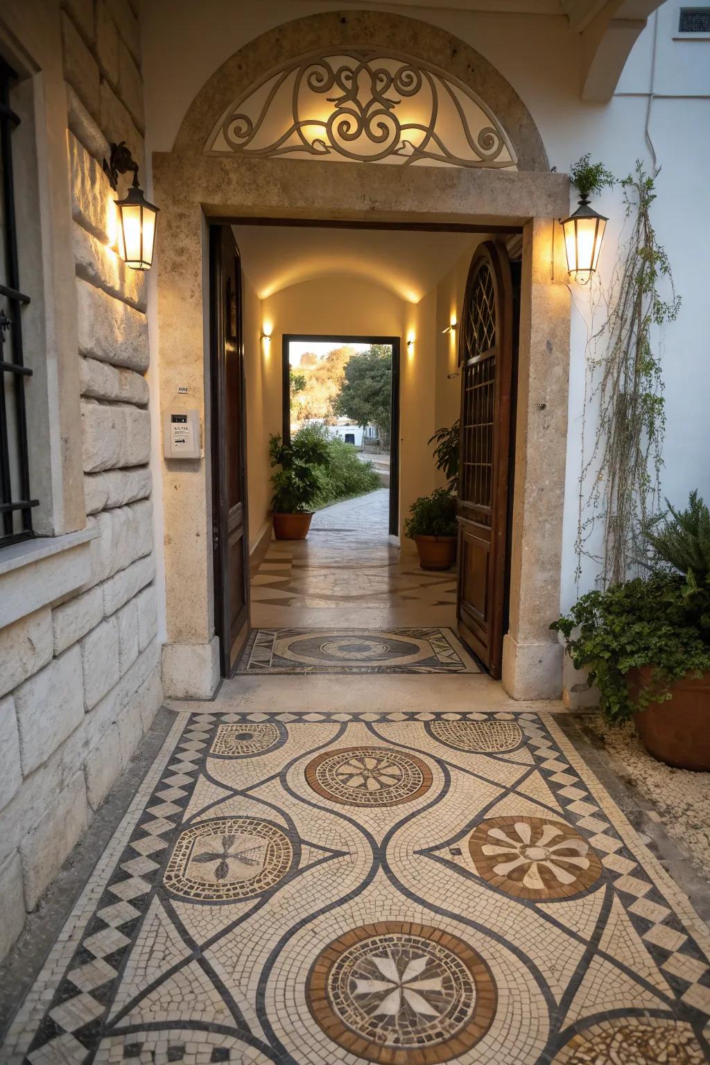 Artistic stone patterns add a unique flair to the entryway.