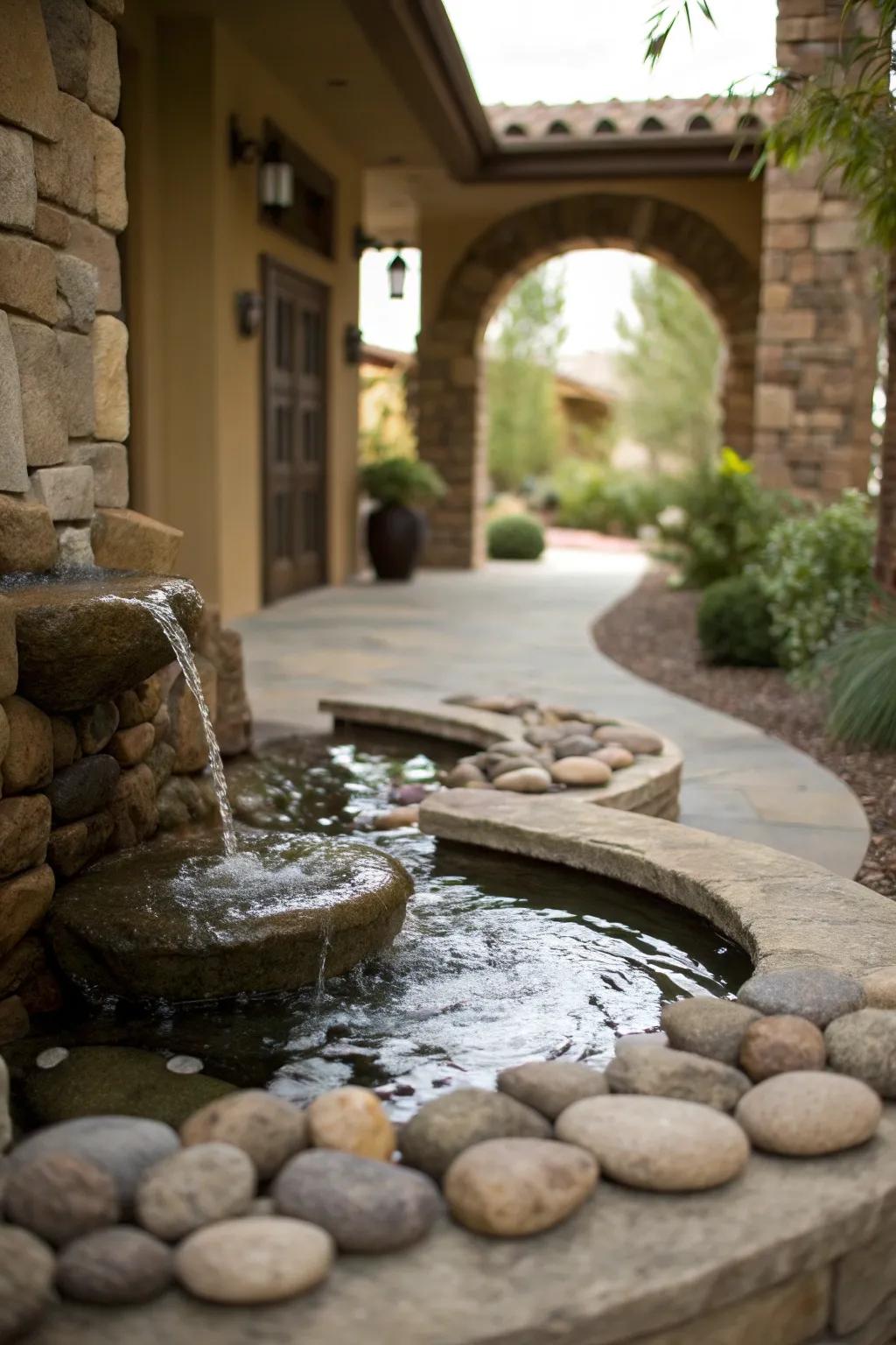 A soothing water feature enhances the stone entryway.