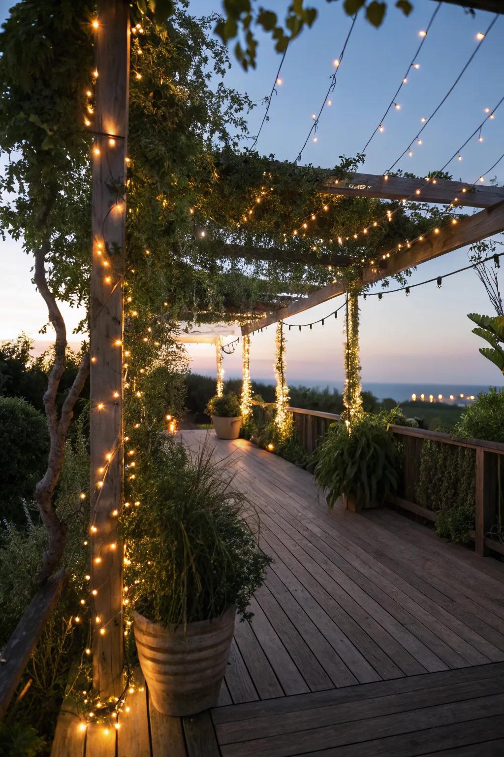 Fairy lights adding a touch of magic to the deck.