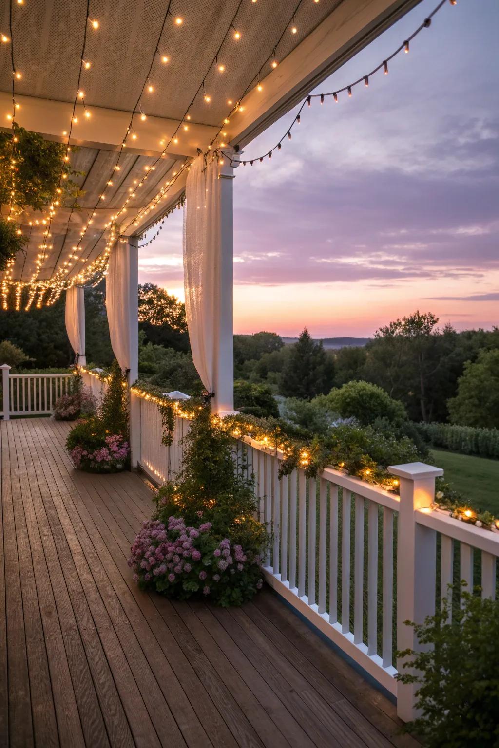 String lights casting a warm glow over a cozy deck.