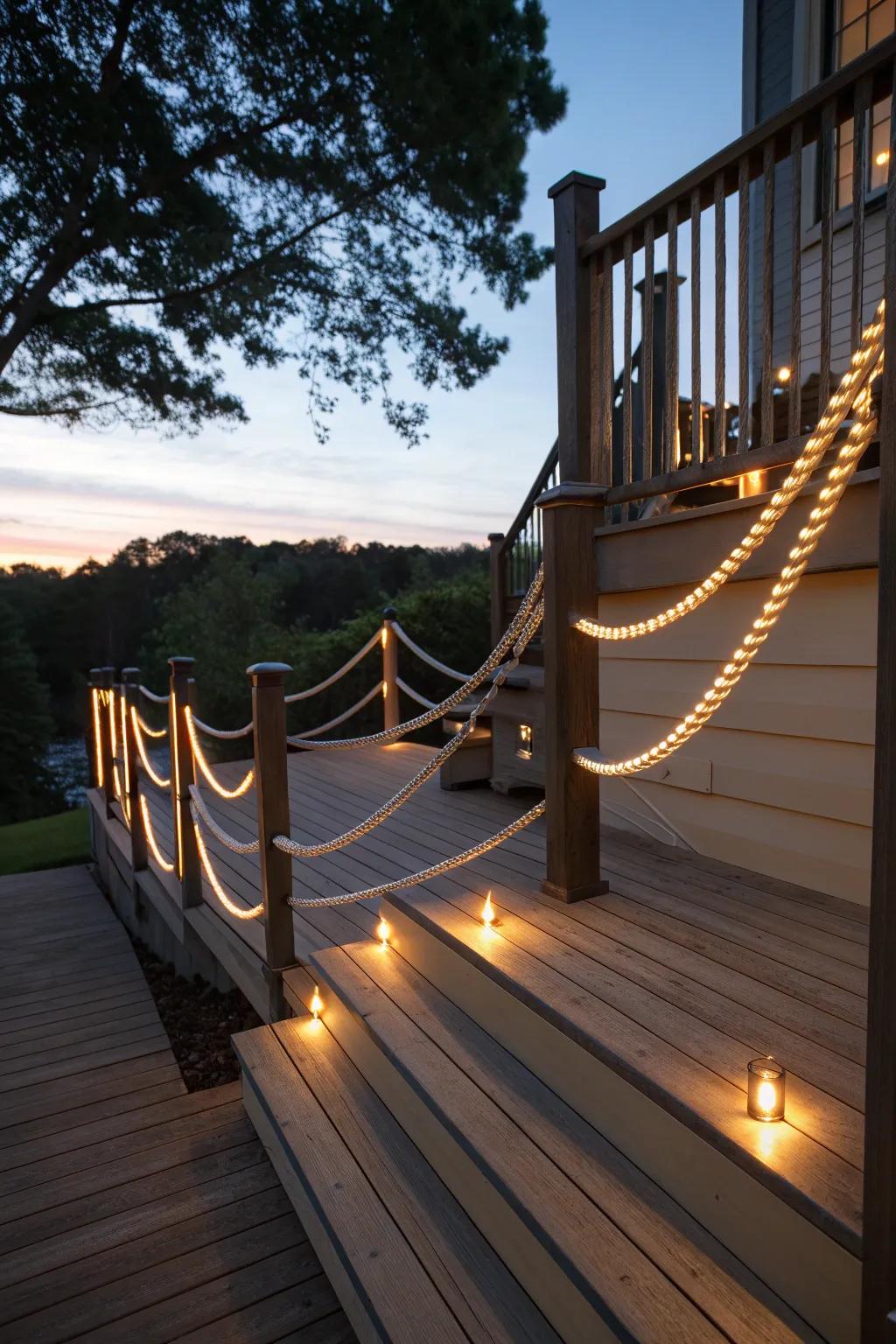 Rope lights subtly illuminating deck pathways.