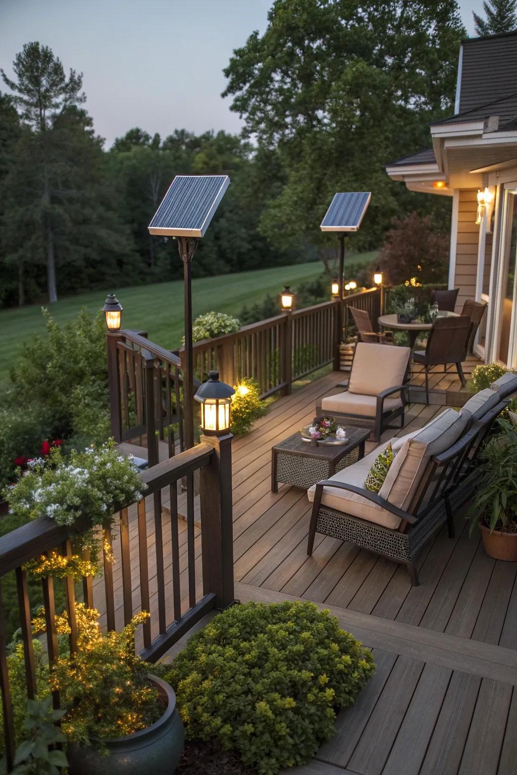 Eco-friendly solar lights enhancing deck aesthetics.
