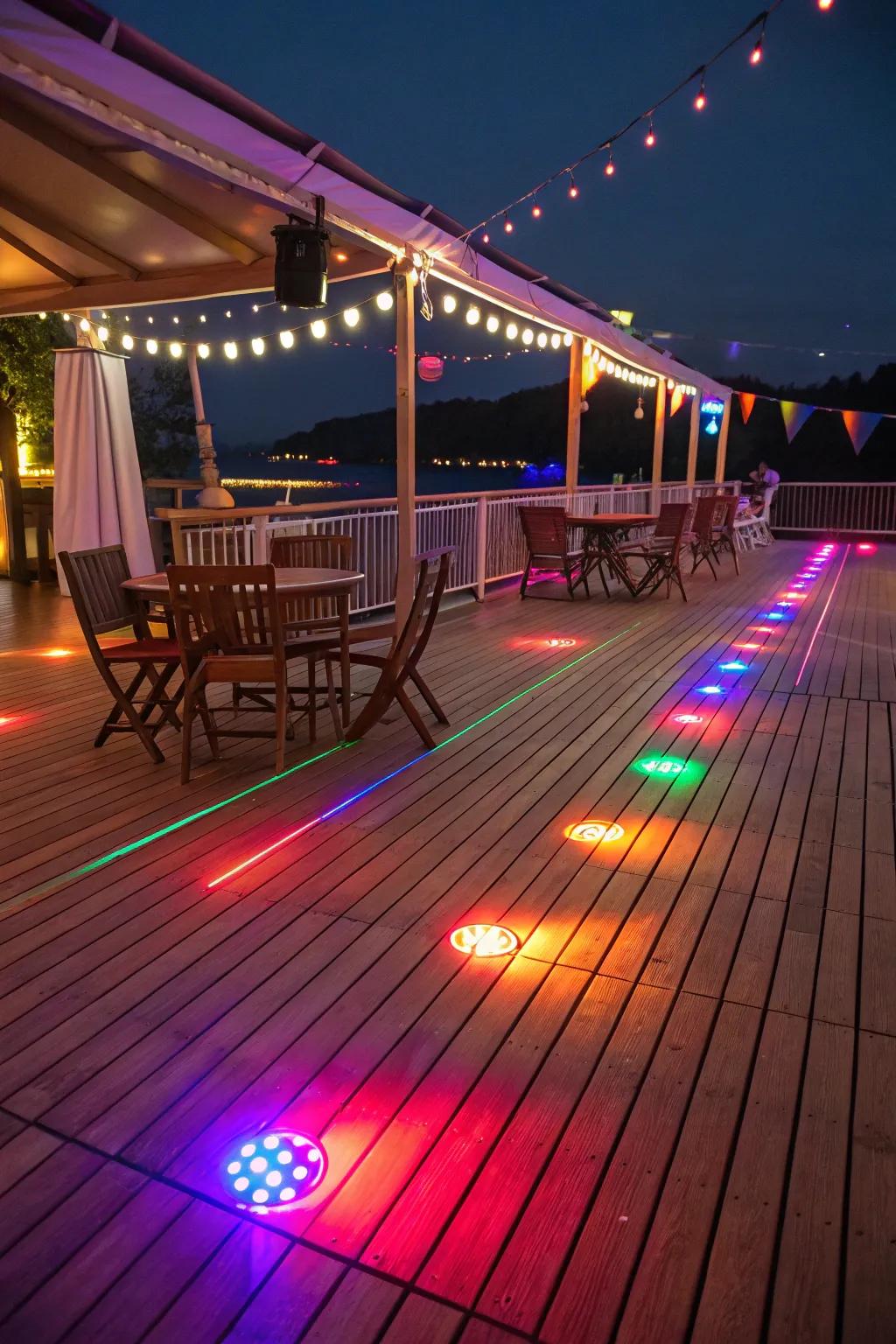 Colorful LED lights turning the deck into a party hub.