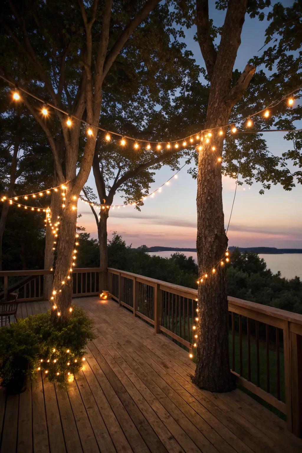 Tree lights highlighting natural beauty around the deck.