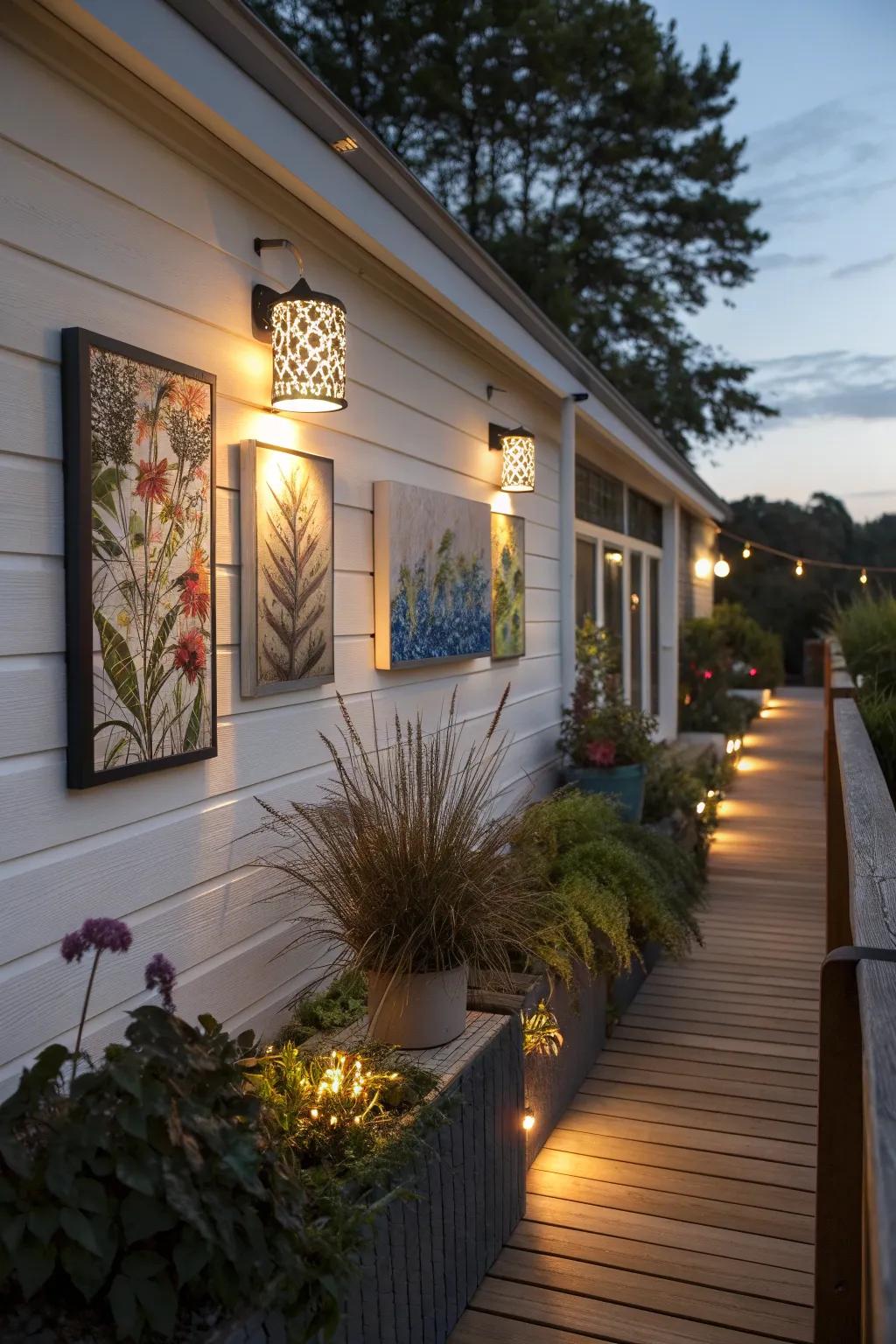 Wall-mounted lights adding depth to deck features.