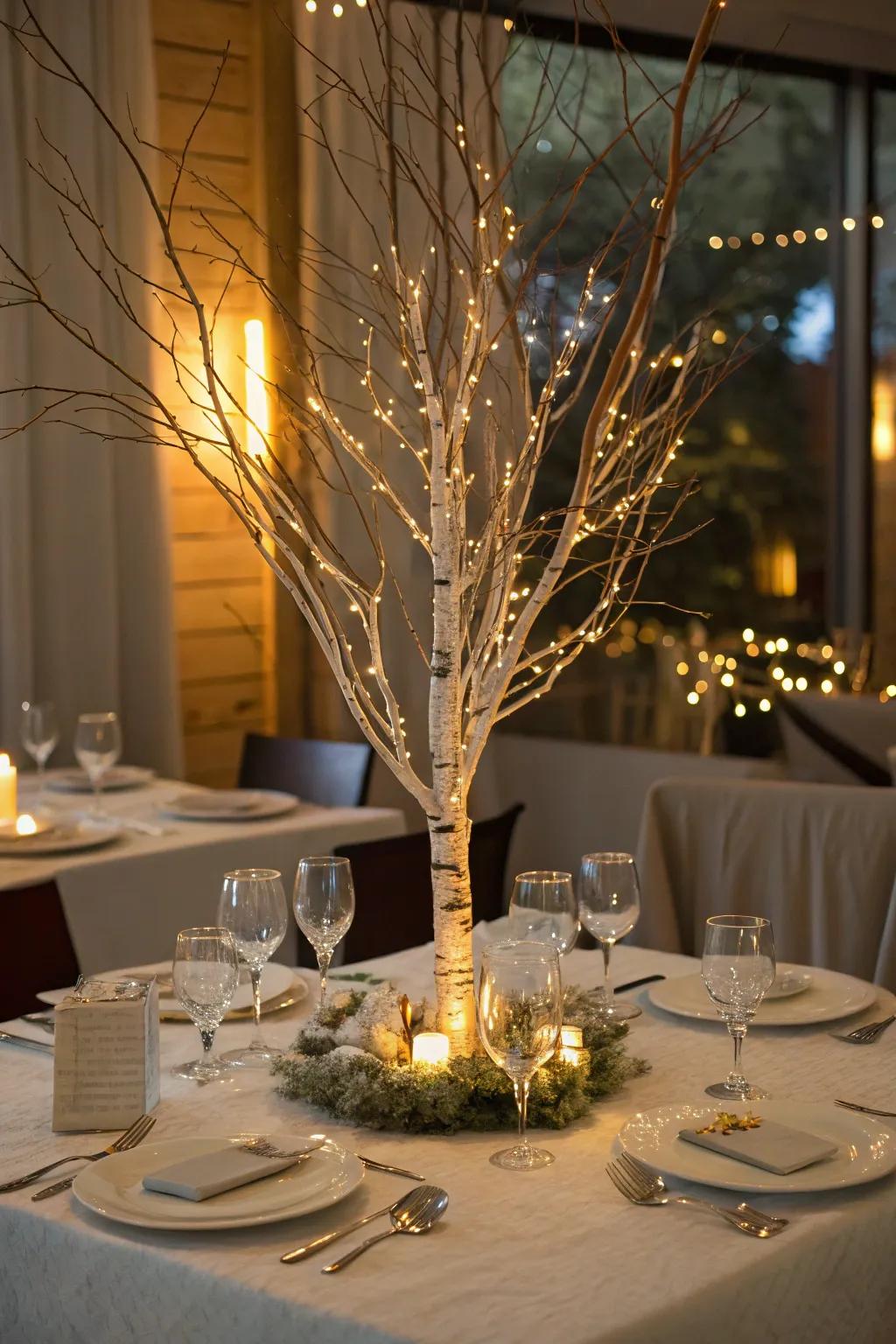 Add a magical touch to your dining area with a lighted birch tree.
