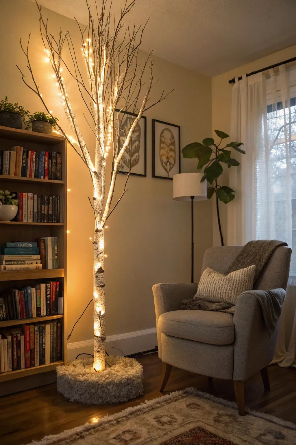 Make your living room come alive with a lighted birch tree.