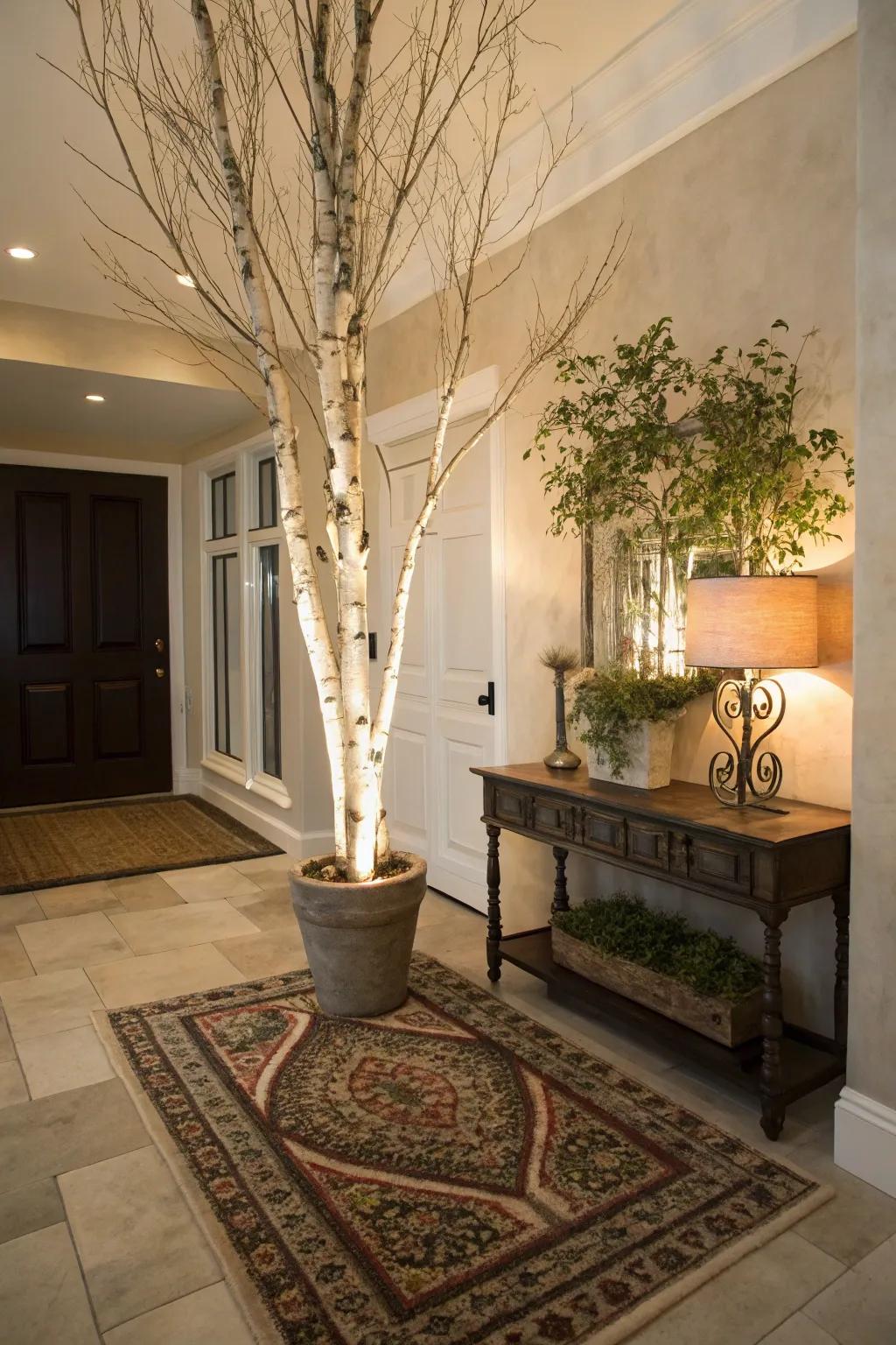 Greet your guests with the enchanting glow of a lighted birch tree.