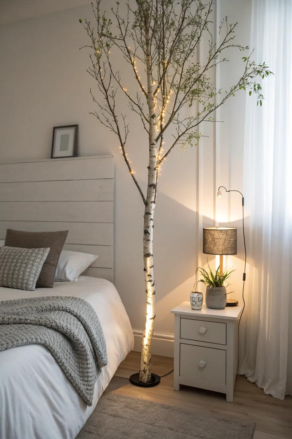 Achieve a serene bedroom atmosphere with a lighted birch tree.