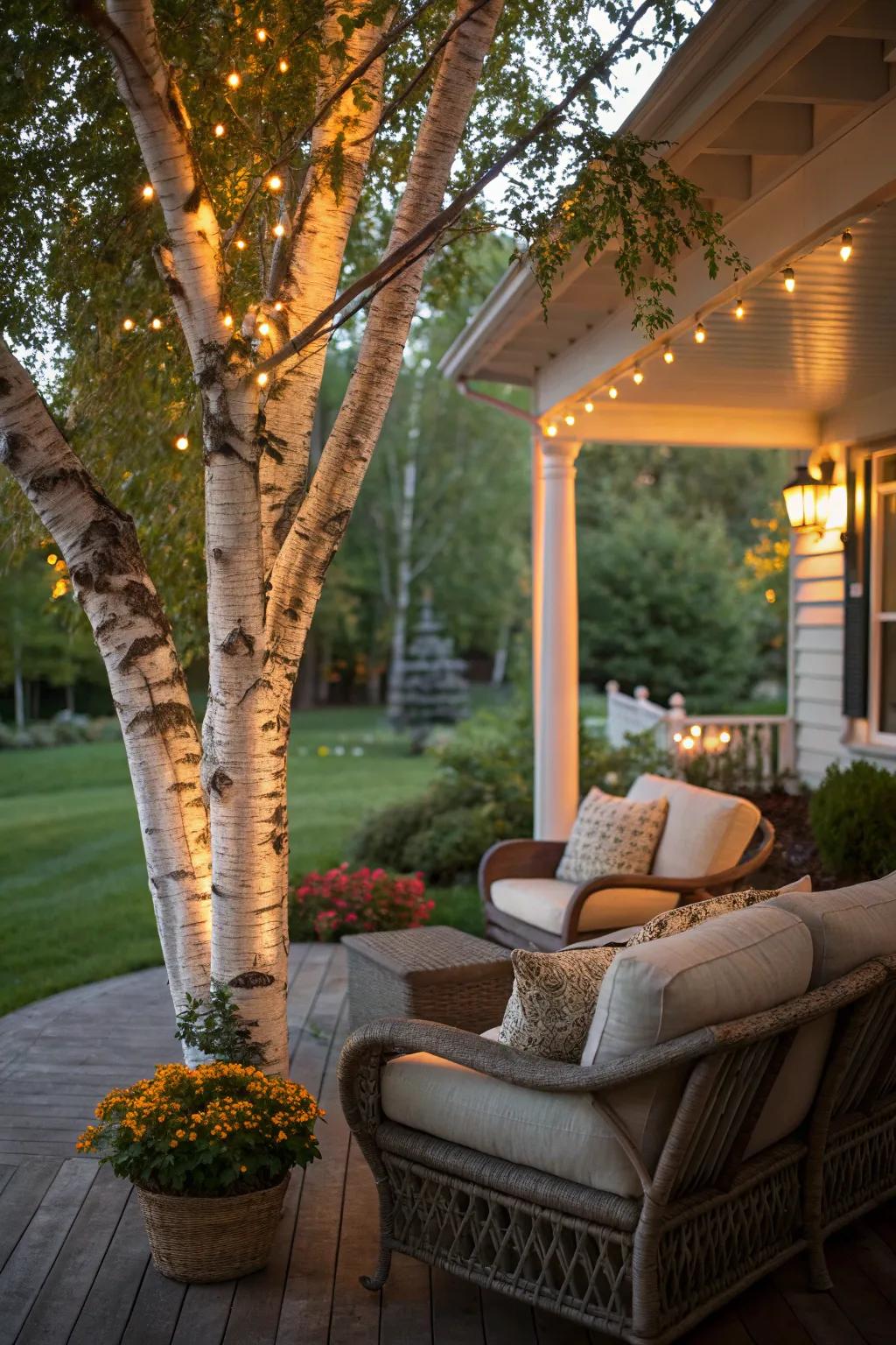 Set the perfect ambiance on your porch with a lighted birch tree.