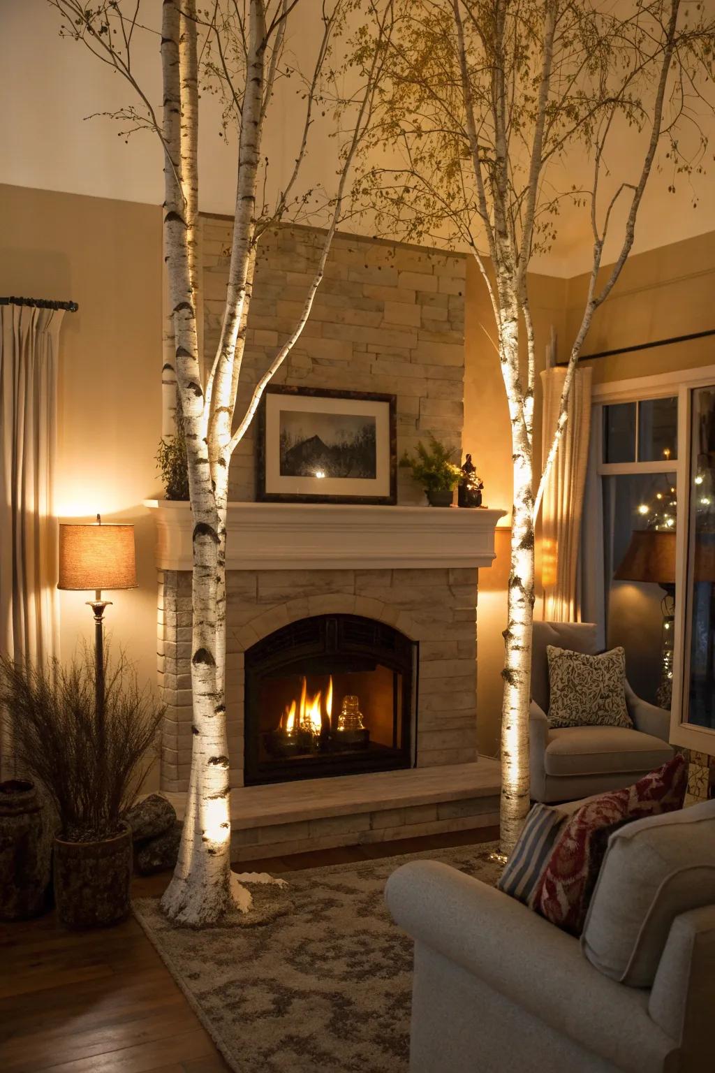 Enhance the warmth of your fireplace with lighted birch trees.