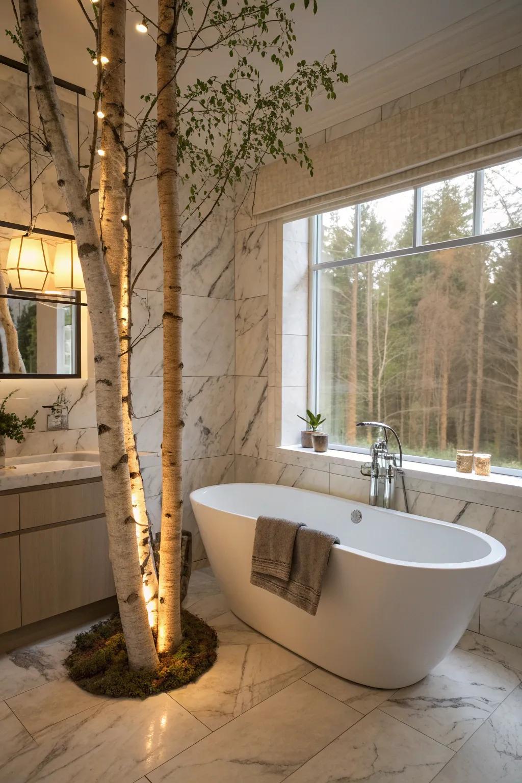 Transform your bathroom into a spa retreat with a lighted birch tree.