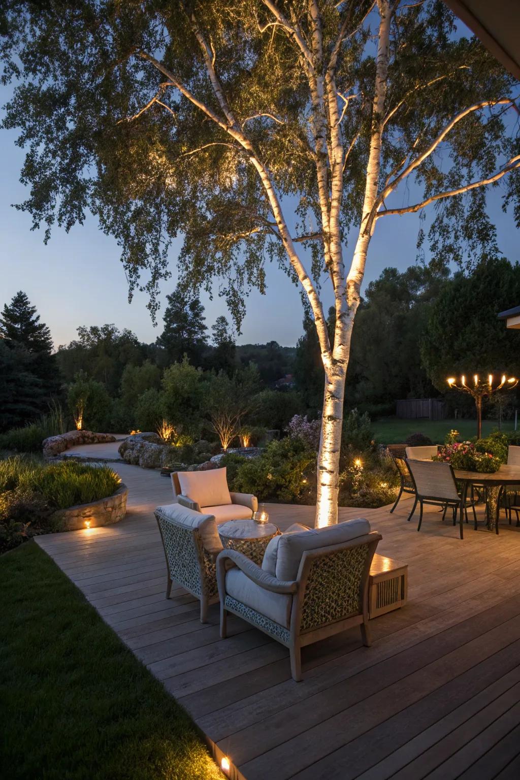 Set the perfect evening mood on your patio with a lighted birch tree.
