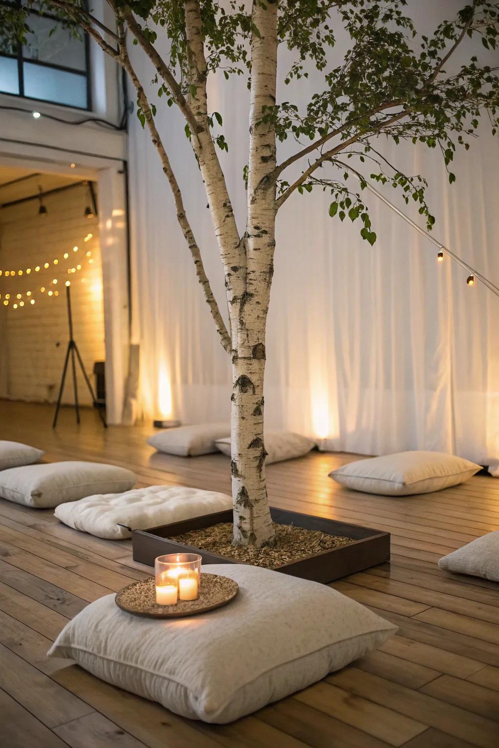 Enhance your meditation practice with a serene lighted birch tree.