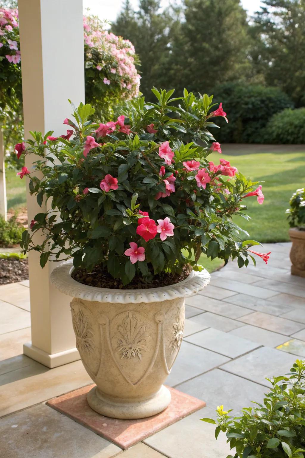Mandevilla thrives in a classic ceramic pot, perfect for any garden patio.