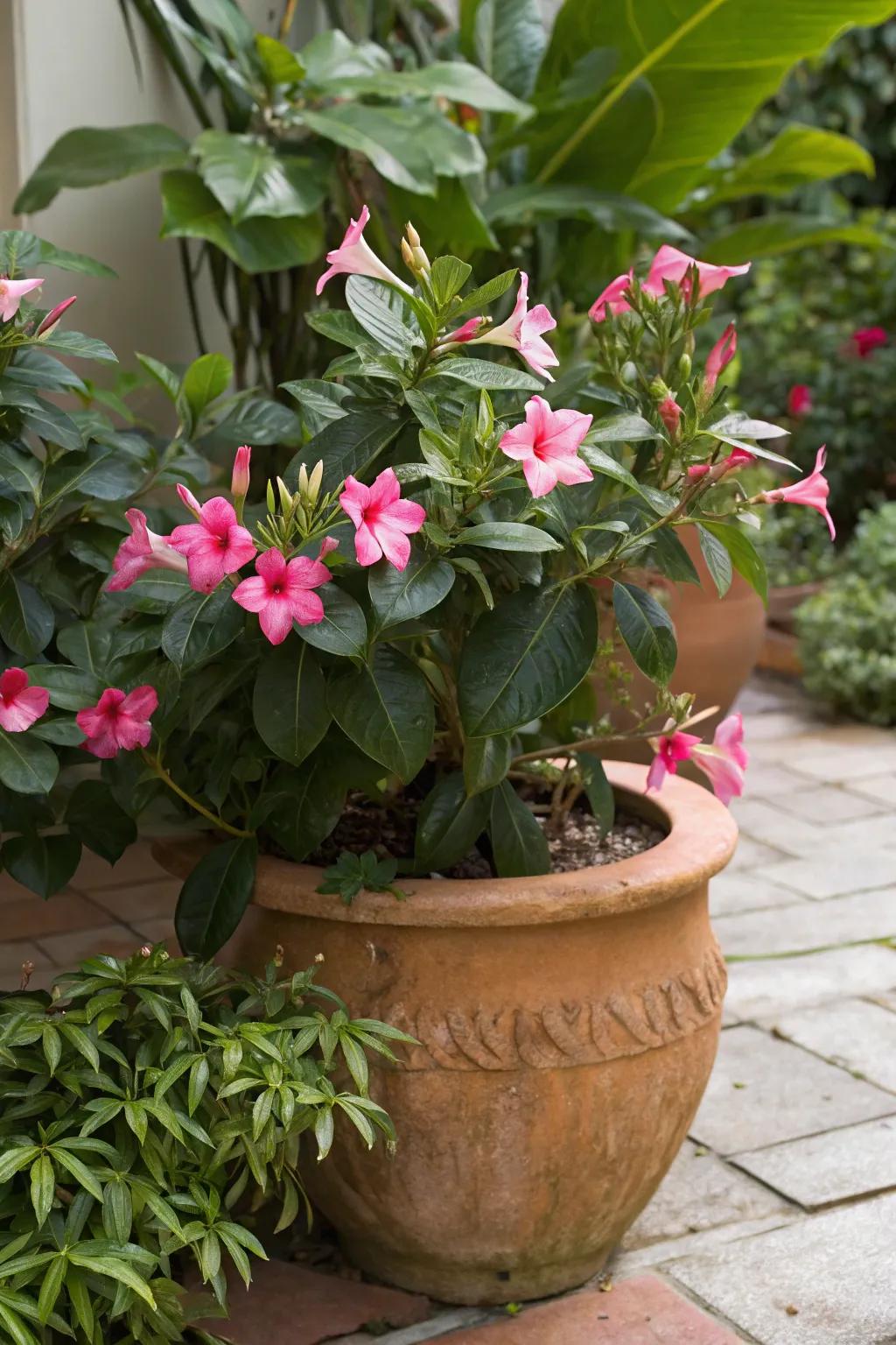 Rustic terracotta pots add warmth to vibrant mandevilla blooms.