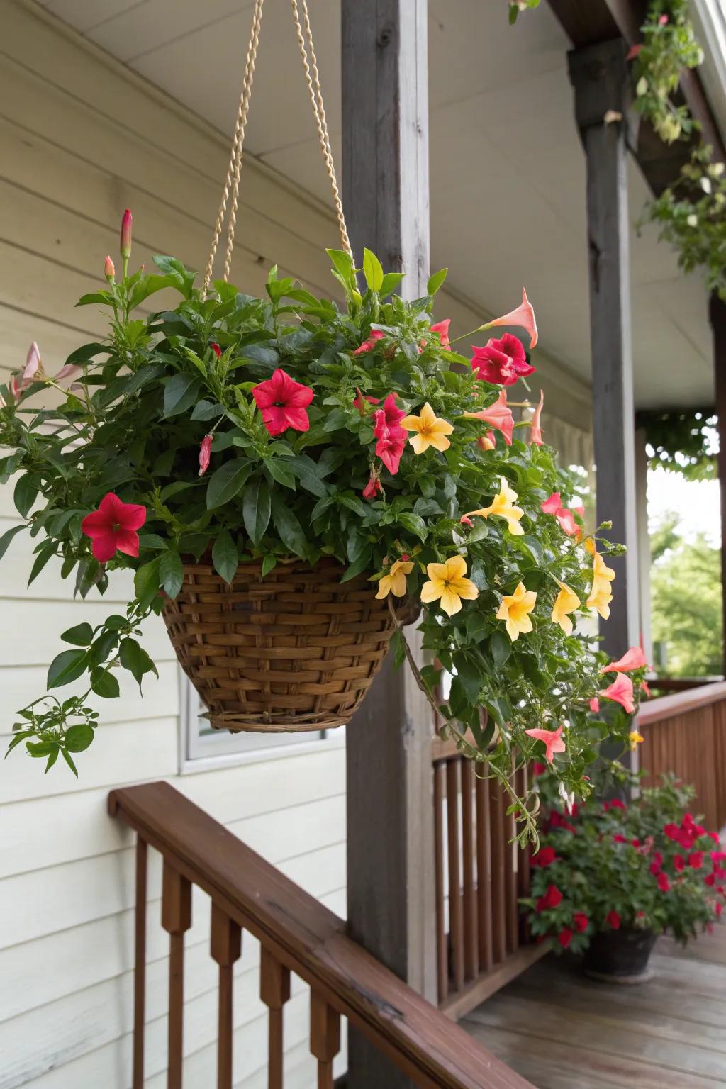 Hanging baskets offer a whimsical way to display mandevilla.
